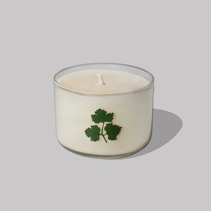 Candle with a green leaf design on a light gray background